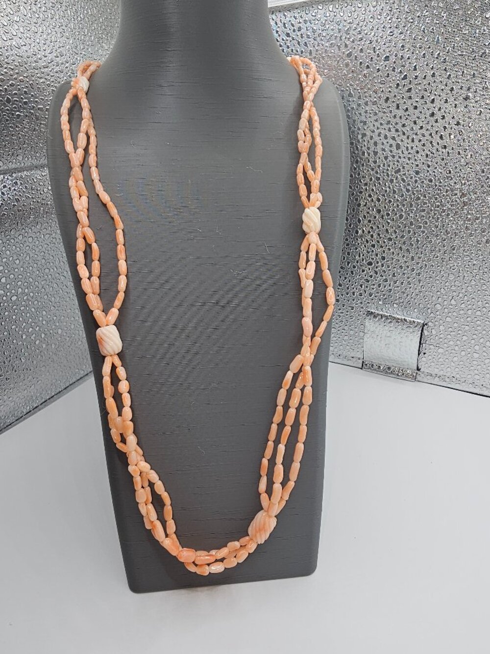 Vintage Angel Skin Coral Necklace 3 Twisted Strands Torsade Gold Tone Clasp 33"